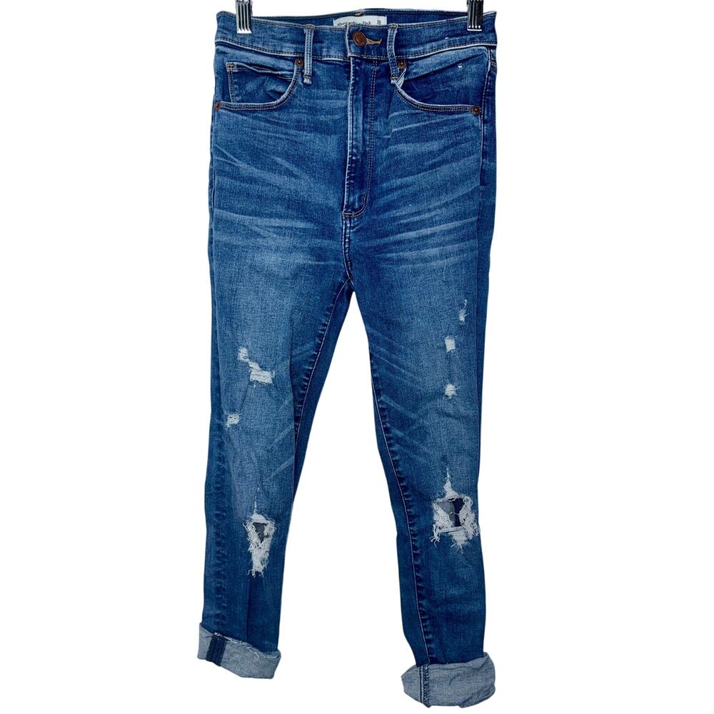 Abercrombie & Fitch Super Skinny High Rise Blue Denim Distressed Jeans Size 26 2